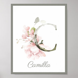 Letter C Monogram Pink Rose Foliage Kinderzimmer P Poster