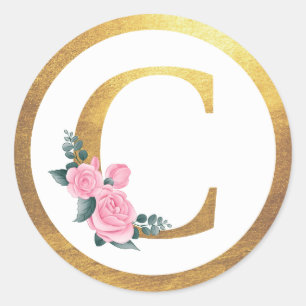 Letter C Monogram Roses Floral & Elegant Gold Runder Aufkleber