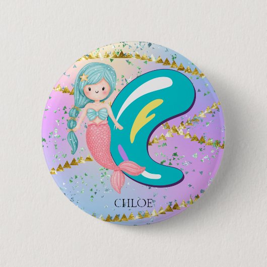 Letter C Monogram Watercolor Niedlich Mermaid Kind Button (Vorderseite)