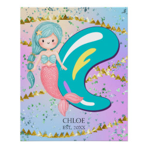 Letter C Monogram Watercolor Niedlich Mermaid Kind Poster