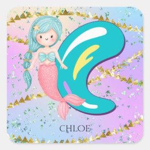 Letter C Monogram Watercolor Niedlich Mermaid Kind Quadratischer Aufkleber