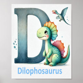Letter D, Dinosaur Alphabet Watercolor Poster