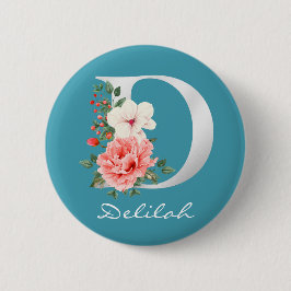 Letter D Floral | Metallisches weißes Monogramm Button