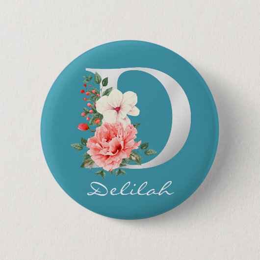 Letter D Floral | Metallisches weißes Monogramm Button (Vorderseite)