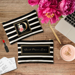 Letter D Floral Monogramm Schwarz-weiße Streifen Zubehörtasche