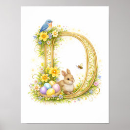 Letter D Gold Spring Nature Monogram Blue Bird Poster