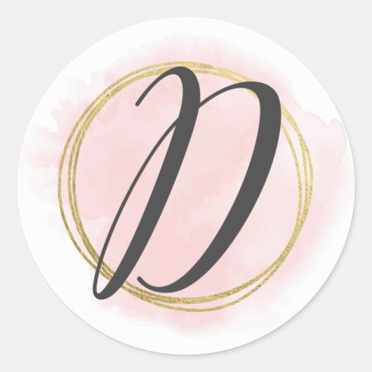 Letter D Monogram Blush Pink Aquarell Gold Chic Runder Aufkleber (Vorderseite)