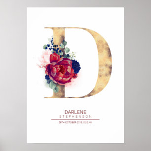 Letter D Monogram Floral Navy Blue und Burgundy Poster