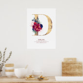 Letter D Monogram Floral Navy Blue und Burgundy Poster (Küche)