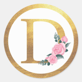 Letter D Monogram Roses Floral & Elegant Gold Runder Aufkleber