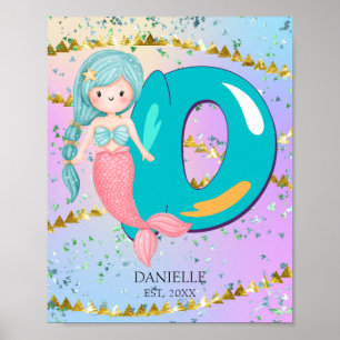 Letter D Monogram Watercolor Niedliches Mermaid-Ki Poster