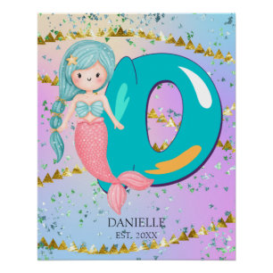 Letter D Monogram Watercolor Niedliches Mermaid-Ki Poster
