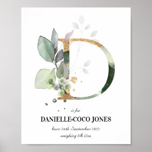 Letter D New Baby Monogram Birth Print Green Poster