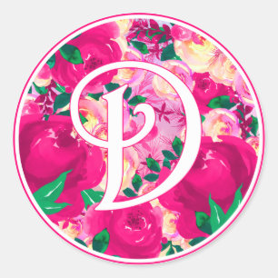 Letter D Pink Watercolor Floral Circle Monogramm Runder Aufkleber