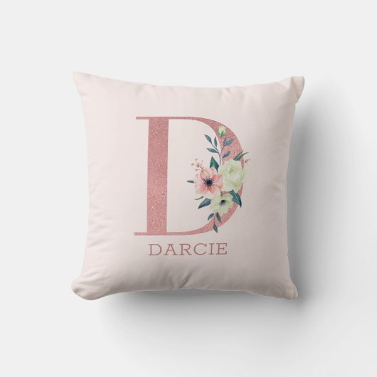Letter D Pink Watercolor Floral Monogram Kinderzim Kissen (Vorderseite)