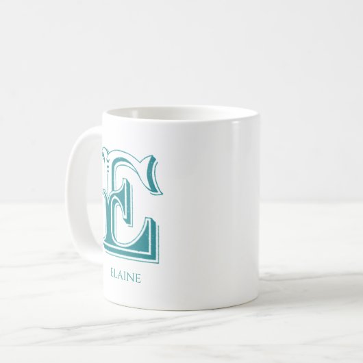 Letter E Aquamarin Monogram Moderner Name Kaffeema Kaffeetasse (Vorderseite Links)
