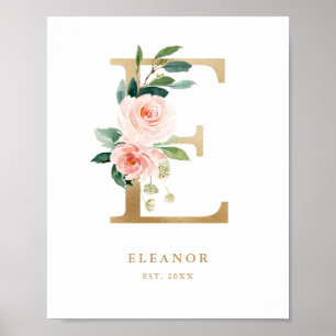 Letter E Blush Floral Monogram Gold Foil Kinderzim Poster