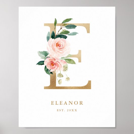 Letter E Blush Floral Monogram Gold Foil Kinderzim Poster (Vorne)