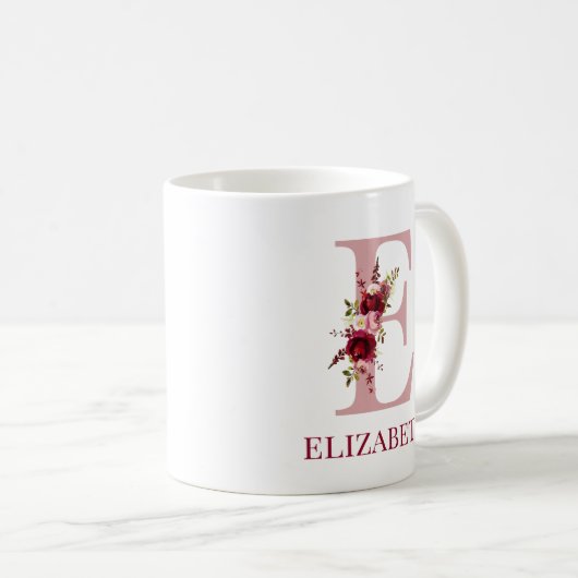 Letter E Burgundy Blush Floral Kaffeetasse (VorderseiteRechts)