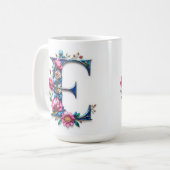 Letter E Coffee Tasse - Blumendesign für Geschenke (Vorderseite Links)