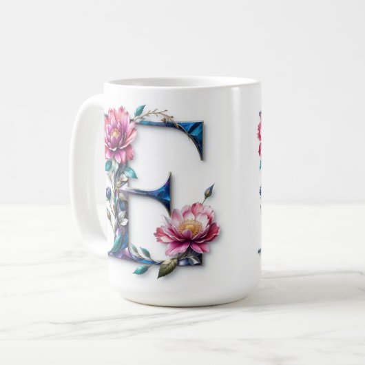 Letter E Coffee Tasse - Blumendesign für Geschenke (Vorderseite Links)