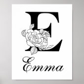 Letter E Floral Modern Black Monogram Kinderzimmer Poster (Vorne)