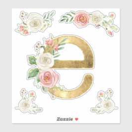 Letter E Initial Gold Blush Rose Floral Wasserfarb Aufkleber