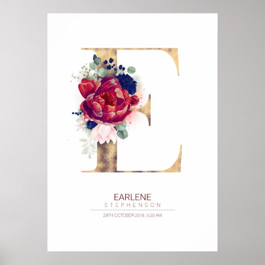 Letter E Monogram Floral Navy Blue und Burgundy Poster (Vorne)