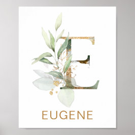 Letter E Monogram Green & gold foliing Kinderzimme Poster