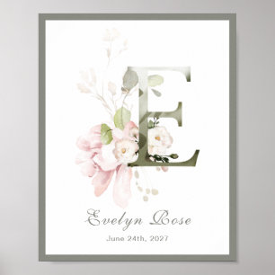 Letter E Monogram Pink Rose Foliage Kinderzimmer P Poster