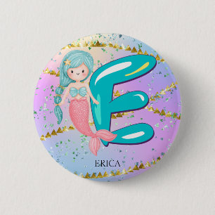 Letter E Monogram Watercolor Niedlich Mermaid Kind Button