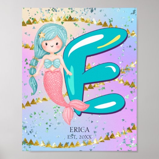 Letter E Monogram Watercolor Niedlich Mermaid Kind Poster (Vorne)