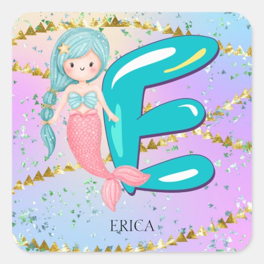 Letter E Monogram Watercolor Niedlich Mermaid Kind Quadratischer Aufkleber (Vorderseite)