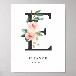 Letter E Monogram Watercolor Peach Florals Kinderz Poster