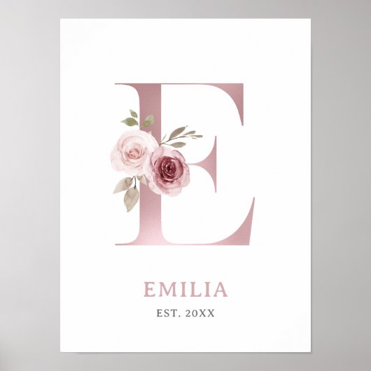 Letter E Monogram Watercolor Rose Florals Kinderzi Poster (Vorne)