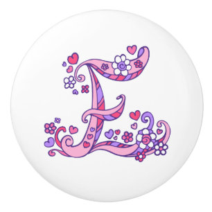 Letter E-Monogramm-Herzen Blume rosa lila ziehen Keramikknauf