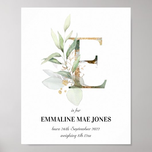 Letter E New Baby Monogram Birth Print Greenery Poster (Vorne)