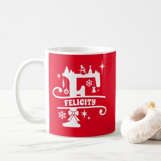 Letter F Christmas Monogram, Anfangsname Rot Kaffeetasse (Mit Donut)