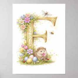 Letter F Gold Spring Nature Monogram Hedgehog Kids Poster