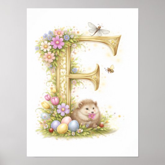 Letter F Gold Spring Nature Monogram Hedgehog Kids Poster (Vorne)