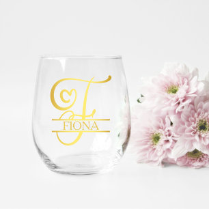 Letter F Monogram Bridesmaid Gift, Modernes Elegan Weinglas Ohne Stiel