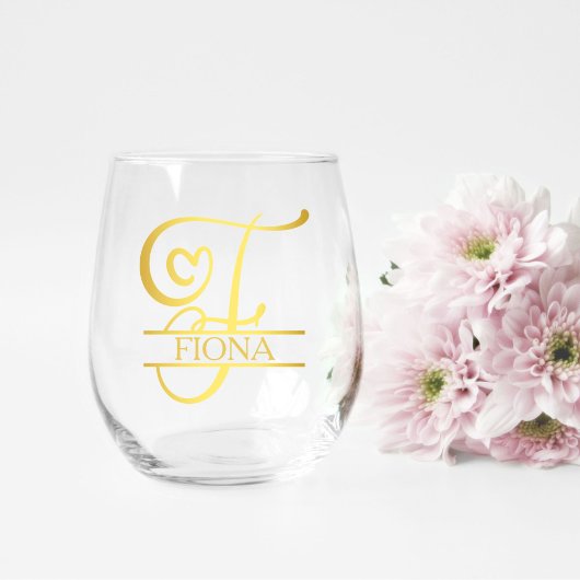 Letter F Monogram Bridesmaid Gift, Modernes Elegan Weinglas Ohne Stiel