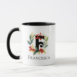Letter F Monogram Christmas Berry Wreath Tasse