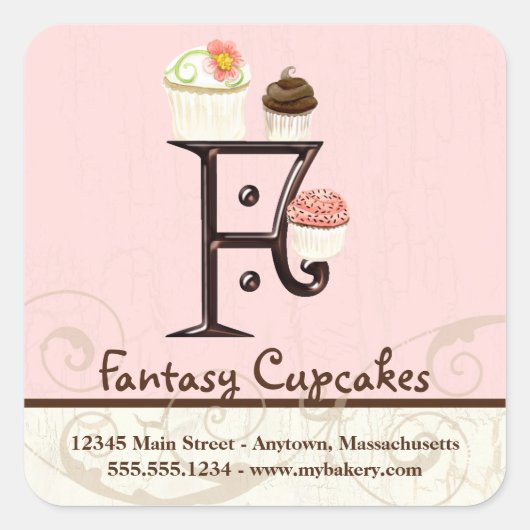 Letter F Monogram Cupcake Logo Business-Aufkleber Quadratischer Aufkleber (Vorderseite)