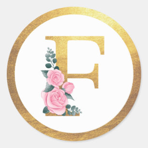 Letter F Monogram Pink Roses Floral & Elegante Gol Runder Aufkleber