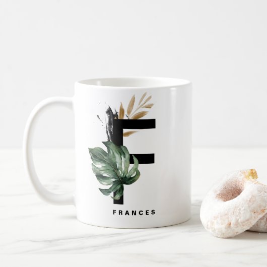 Letter F Monogram | Tropical Monstera Personalisie Kaffeetasse (Mit Donut)