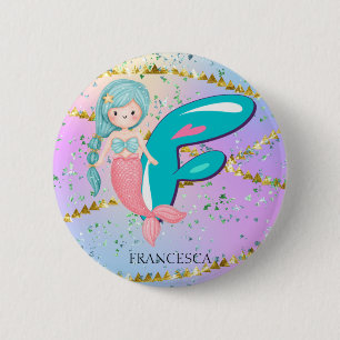 Letter F Monogram Watercolor Niedlich Mermaid Kind Button