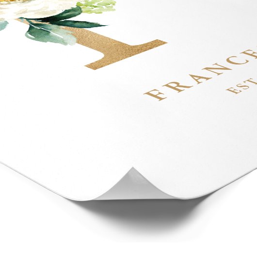 Letter F White Floral Monogram Gold Foil Kinderzim Poster (Ecke)