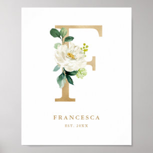 Letter F White Floral Monogram Gold Foil Kinderzim Poster