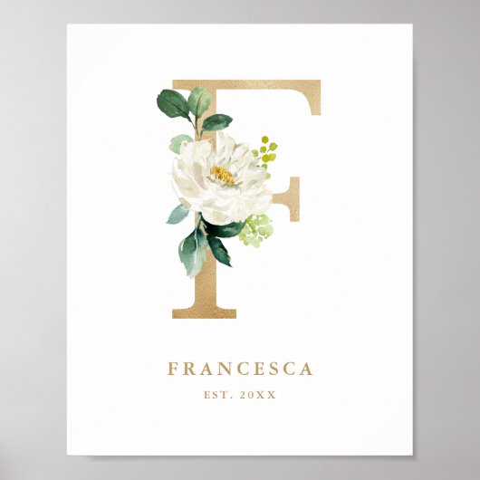 Letter F White Floral Monogram Gold Foil Kinderzim Poster (Vorne)